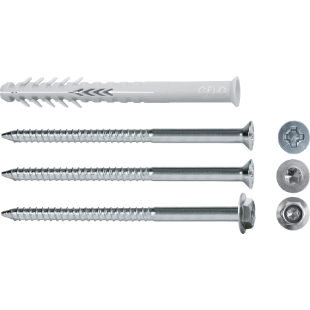 Produktbild Hohlblockrahmendübel HBR mit Senkkopfschraube PZ, Senkkopfschraube TX und Sechskantschraube mit angepresster Scheibe