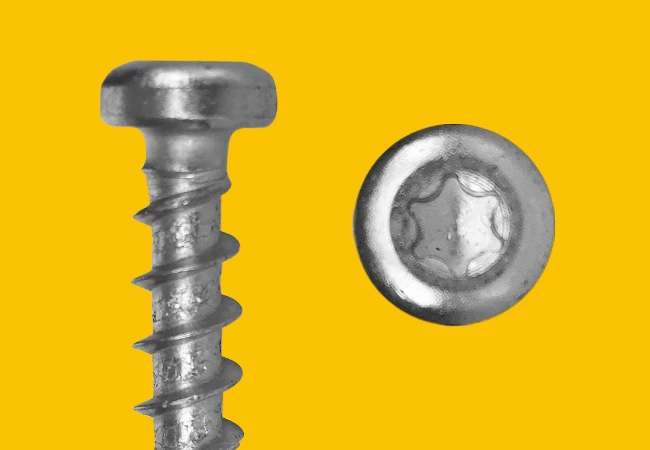 Auf einem gelben Hintergrund ist die Betonschrauben-Kopftyp Linksenkop PT zunächst Seitlich und dann der Kopf von oben zu sehen, der sternförmige innenliegende TX-Antrieb der Betonschraube wird deutlich