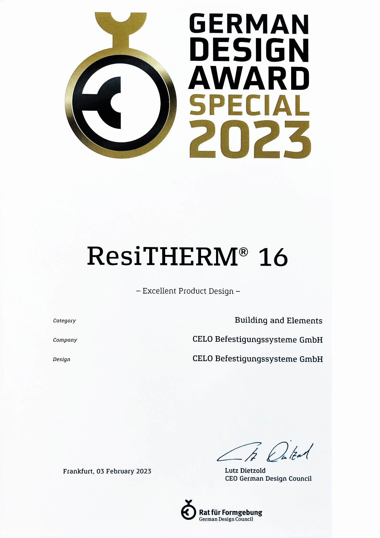 German Design Award Special 2023 - ResiTHERM 16 German Design Award Special 2023 Urkunde für RESITHERM 16