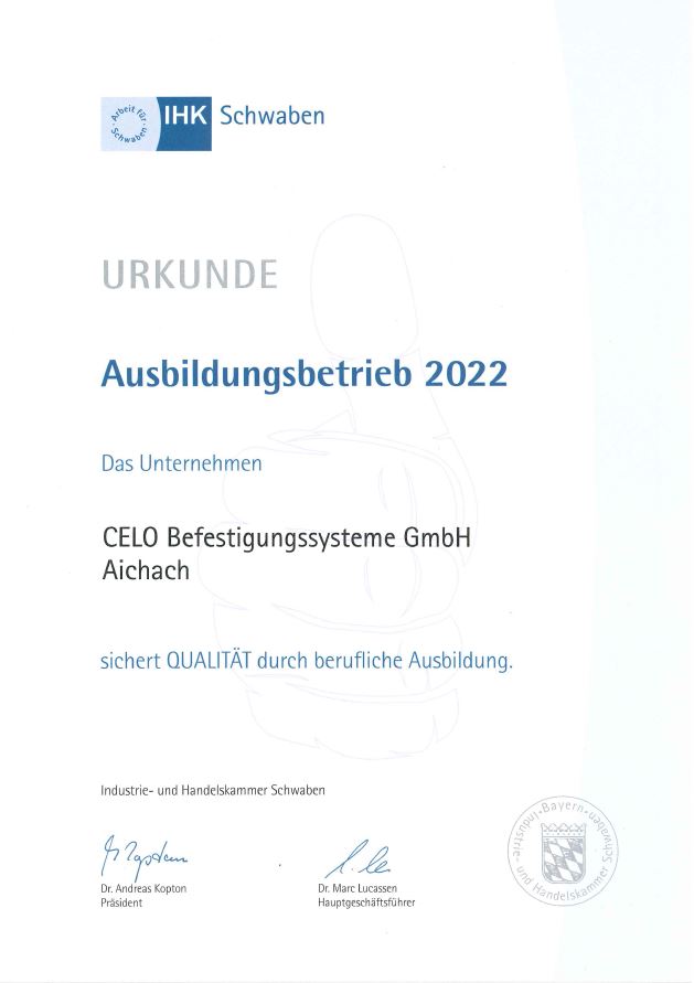Urkunde Ausbildungsbetrieb 2022 für CELO Befestigungssysteme GmbH