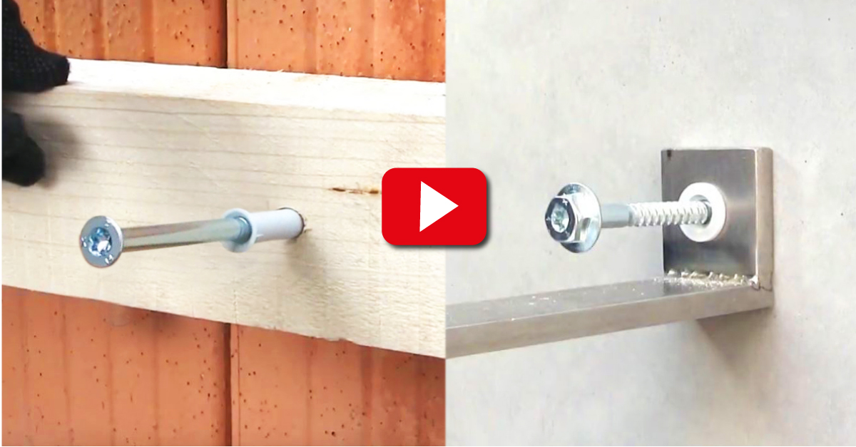 Ein Bild mit zwei Anwendungen von Schrauben und Dübeln in Holz- und Metallkonstruktionen, dargestellt mit einem Video-Play-Button in der Mitte.