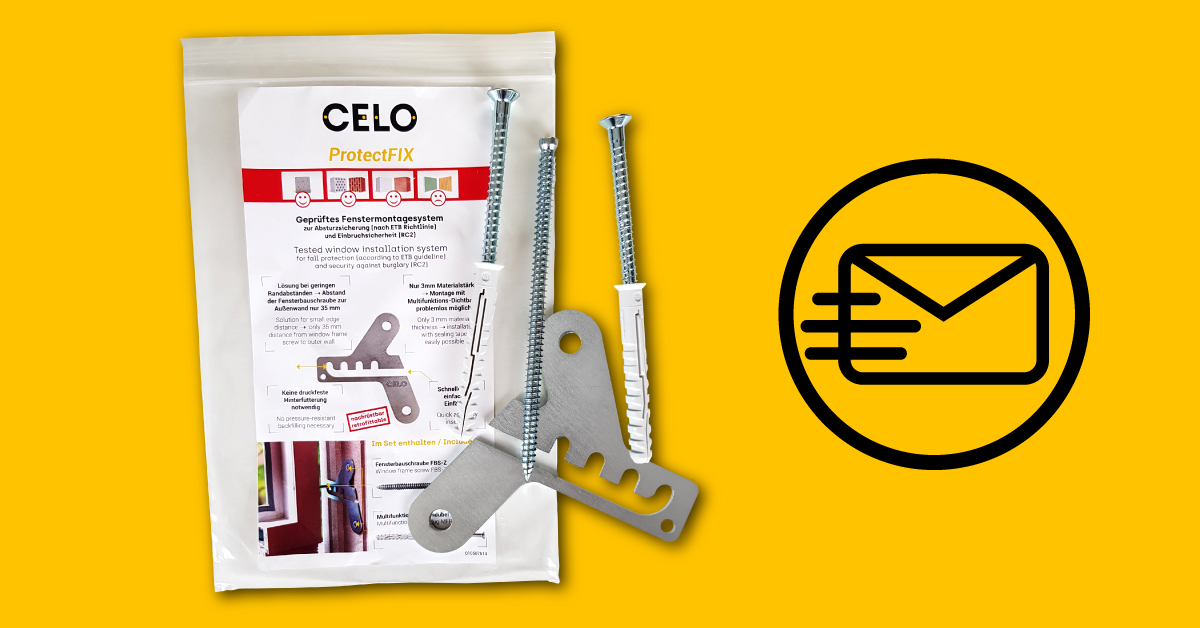 CELO ProtectFIX Set mit Schrauben und Halterungen auf gelbem Hintergrund. Symbol eines Briefes rechts symbolisch für die Musterversendung