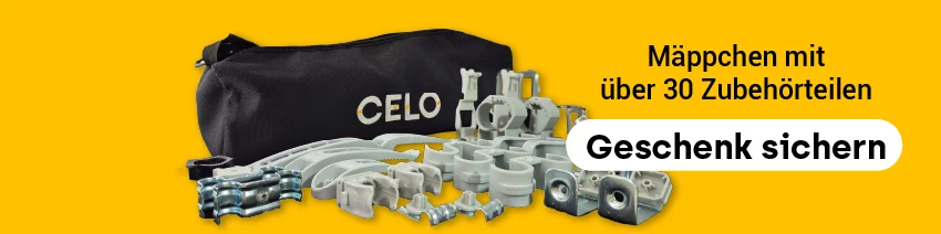 Gelber Banner, der auf das FORCE ONE-Geschenk hinweist und das schwarze Mäppchen mit CELO Logo und acht ETA-zugelassene Gasnagler-Zubehörteile zeigtdas FORCE ONE-Geschenk, 