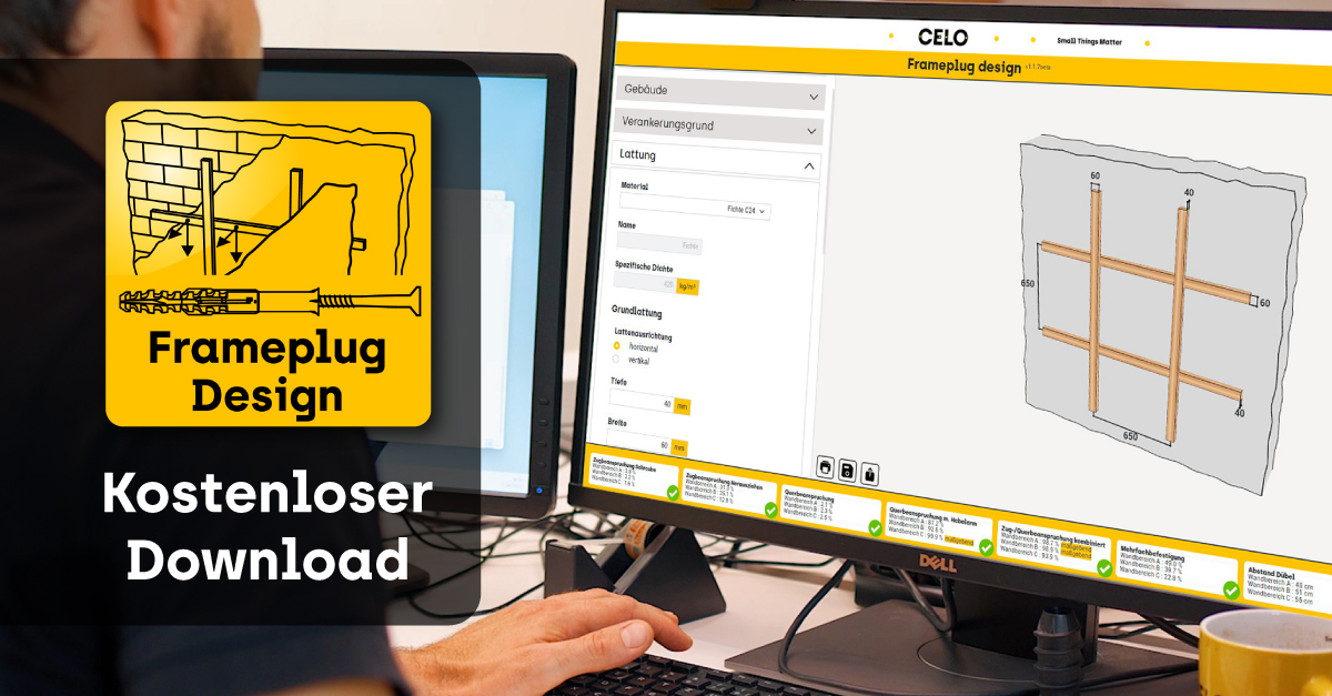 Eine Person arbeitet am Computer mit der "Frameplug Design" Software. Text auf dem Bild sagt "Kostenloser Download".