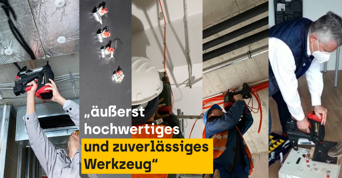 Verschiedene Anwendungen eines Gasnaglers gezeigt in einer Collage mit einem Text "äußerst hochwertiges und zuverlässiges Werkzeug"