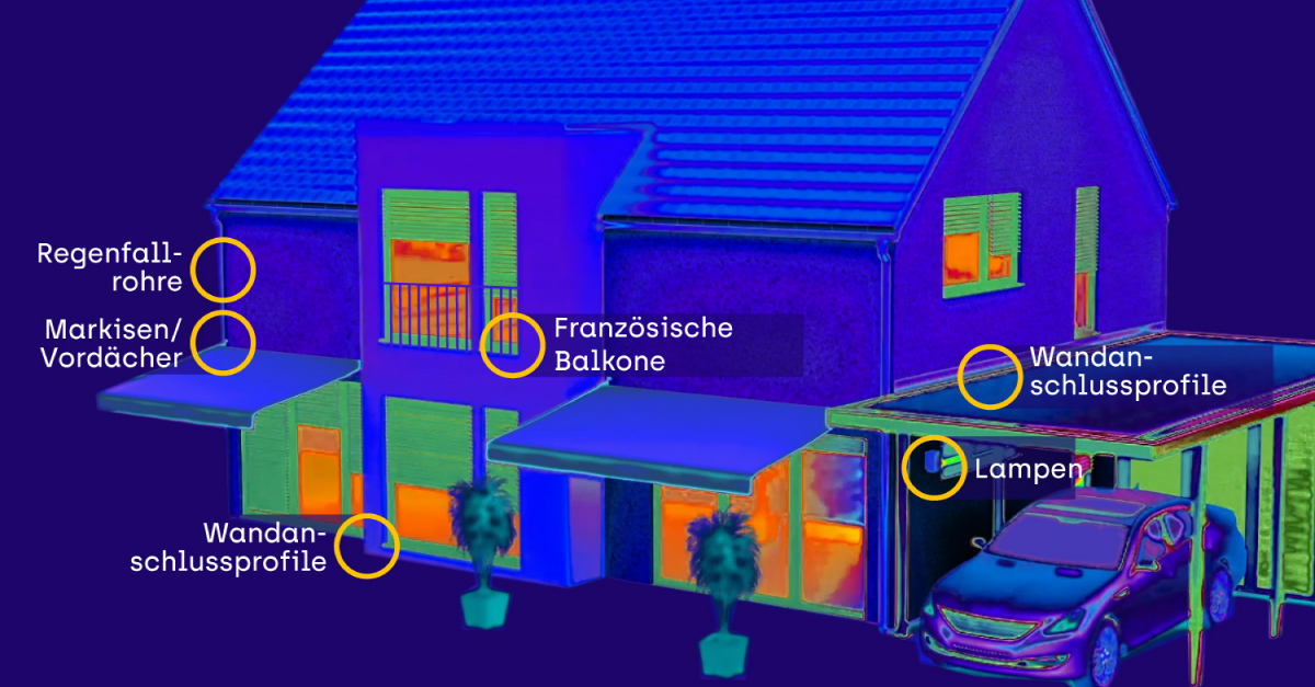 Thermische Ansicht eines Hauses mit markierten Bereichen für CELO Befestigungssysteme.