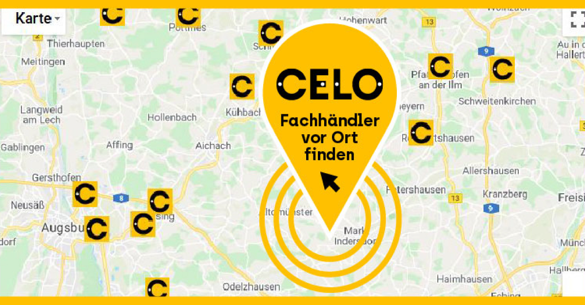 Karte mit verschiedenen CELO Fachhändler-Standorten markiert durch CELO-Logos