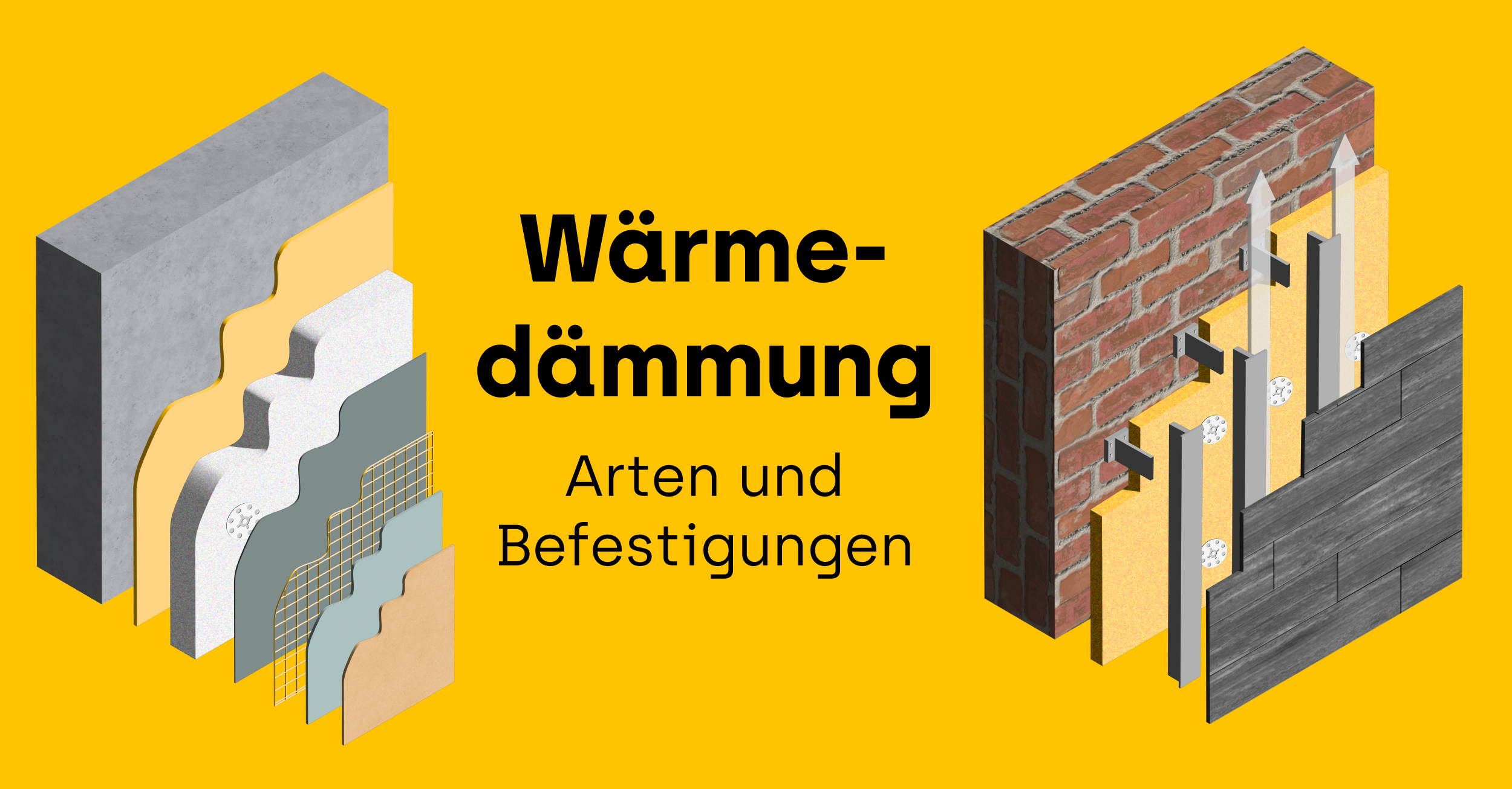 Illustration verschiedener Arten und Befestigungsmethoden für Wärmedämmung.