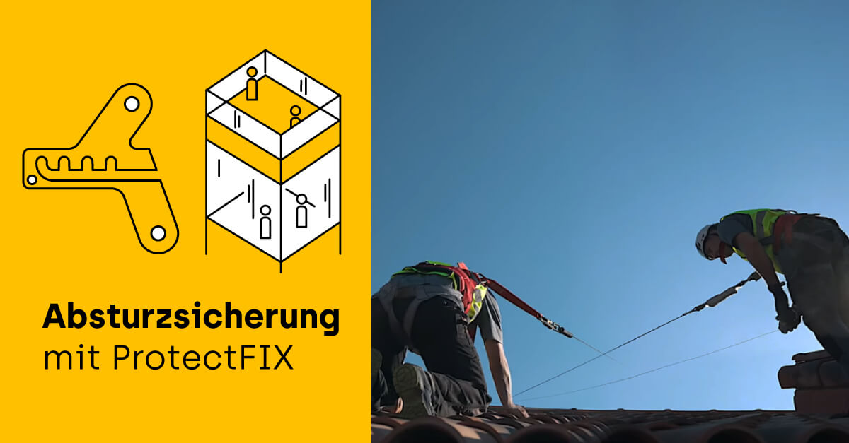 Zwei Arbeiter auf einem Dach, die Absturzsicherung mit ProtectFIX verwenden. Auf der linken Seite ist eine Grafik des Befestigungselements zu sehen.