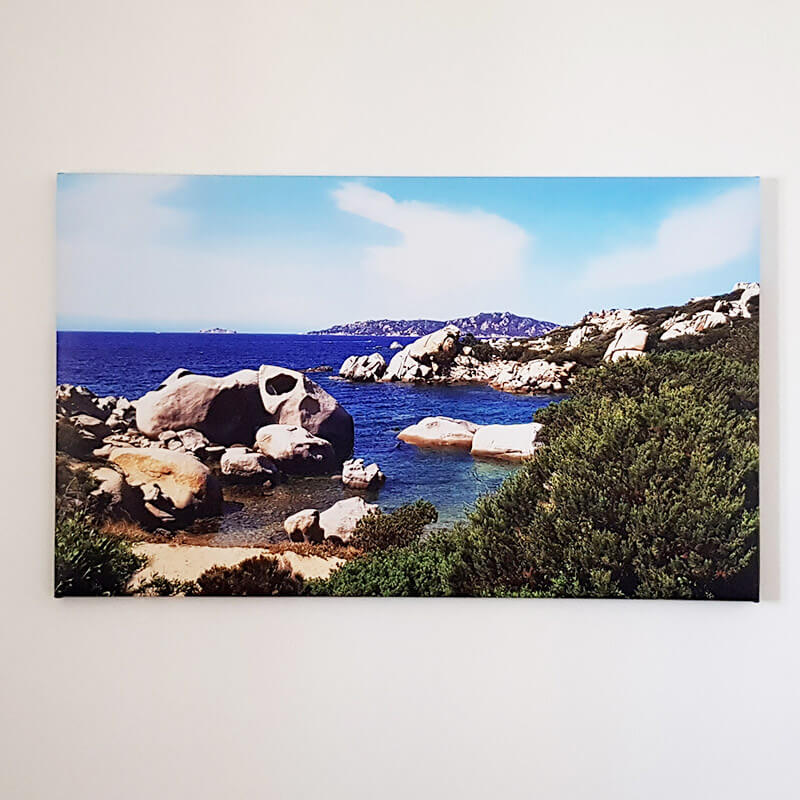 Ein Landschaftsbild, das an einer weißen Wand befestigt ist. Das Bild zeigt eine Küstenszene mit felsigen Formationen und klarem blauem Wasser, das von grünem Buschwerk umgeben ist. Das Bild ist sicher an der Wand montiert und dient als dekorativer Wandschmuck.