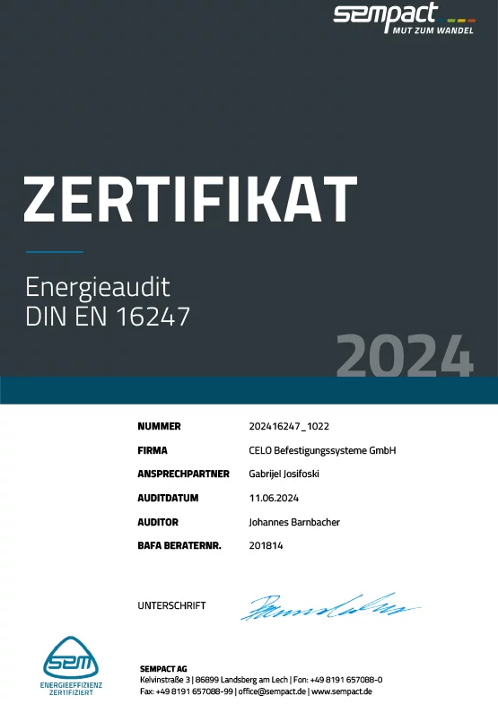 Energieaudit Zertifikat DIN EN 16247 - CELO Befestigungssysteme GmbH Energieaudit Zertifikat DIN EN 16247 (Deutsch)