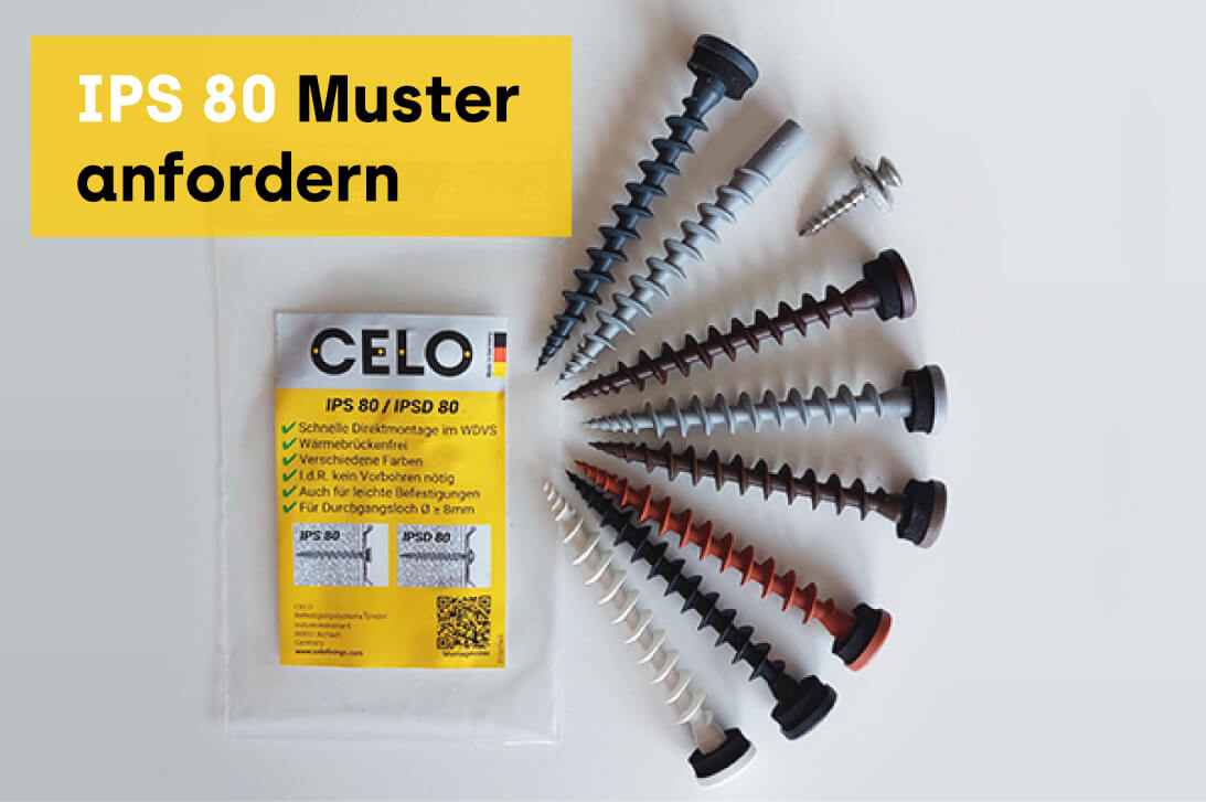 Auswahl an IPS 80 Dämmstoffschrauben in verschiedenen Farben, erhältlich als Muster