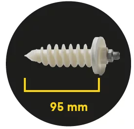 Der auf einem schwarzen Hintergrund stehende weiße Dämmstoffdübel IPL 95DS ist mit einer gelben Linie vom Kopf zur Spitze bemaßt und mit 95 mm markiert