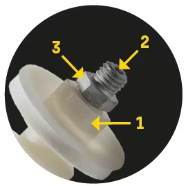 Die Grafik zeigt Kopf und Anschlussgewinde des Dämmstoffdübels IPL 95DS und zeigen mit Pfeilen die drei Montagemöglichkeiten über den SW17-Außensechskant (am Dübel), den Außensechskant (SW13) am Spezialgewindestift und den TX-25 Antrieb ebenfalls am Gewindestift an