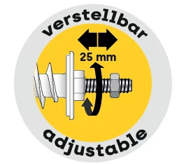 Icon zeigt die Verstellbarkeit des Spezialgewindestifts um zusätzliche 25 mm an