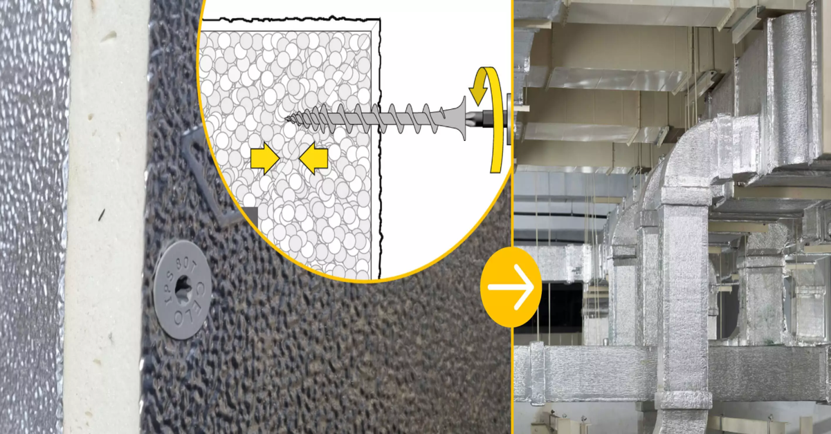 Anwendungsbeispiel von IPS 80T Schrauben zur Befestigung von Lüftungskanälen auf Dämmplatten.