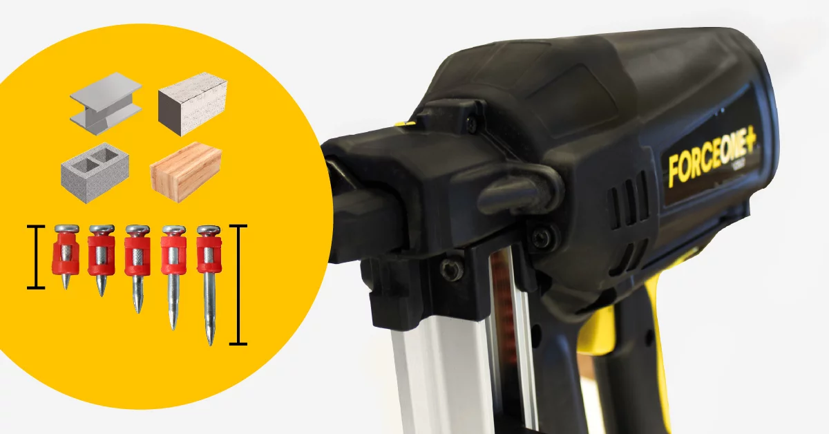 Ein Gasnagler, der gerade mit Nägeln geladen wird, daneben Symbole für verschiedene Materialien