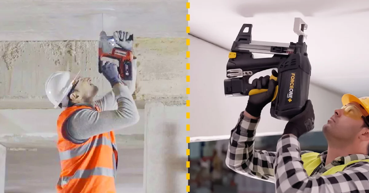 Vorher und Nachher Vergleich der Arbeit mit einem Gasnagler, gezeigt durch zwei Arbeiter