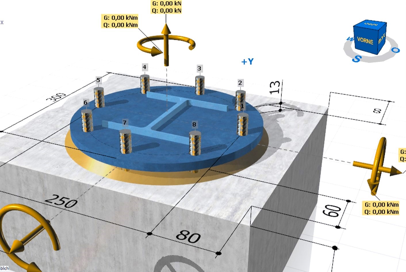 Grafik einer strukturellen Analyse eines runden Betonfundaments mit acht Verankerungspunkten