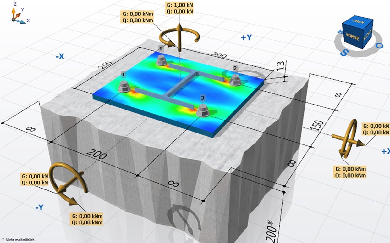Grafik einer strukturellen Analyse eines quadratischen Betonfundaments mit vier Verankerungspunkten