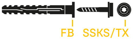 Schematische Zeichnung des Rahmendübels MFR FB SSKS, Flachbunddübel mit Sechskantschraube mit angepresster Scheibe