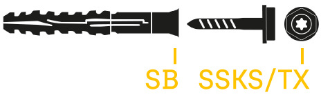 Schematische Zeichnung des Rahmendübels MFR SB SSKS, Senkbunddübel mit Sechskantschraube mit angepresster Scheibe