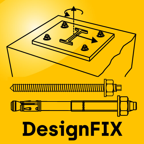 DesignFIX Logo mit einer Illustration von Verankerungsschrauben und einer Bodenplatte