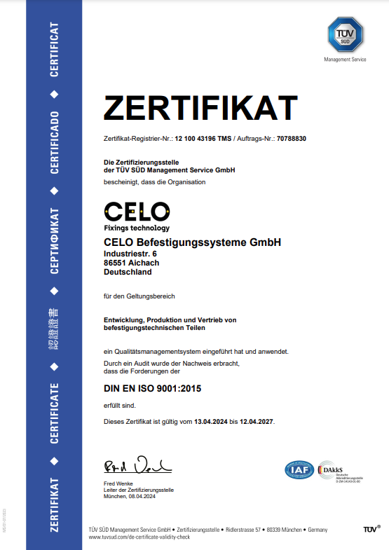 TÜV ISO 9001:2015 Zertifikat - CELO Befestigungssysteme GmbH TÜV ISO 9001:2015 Zertifikat (Deutsch)