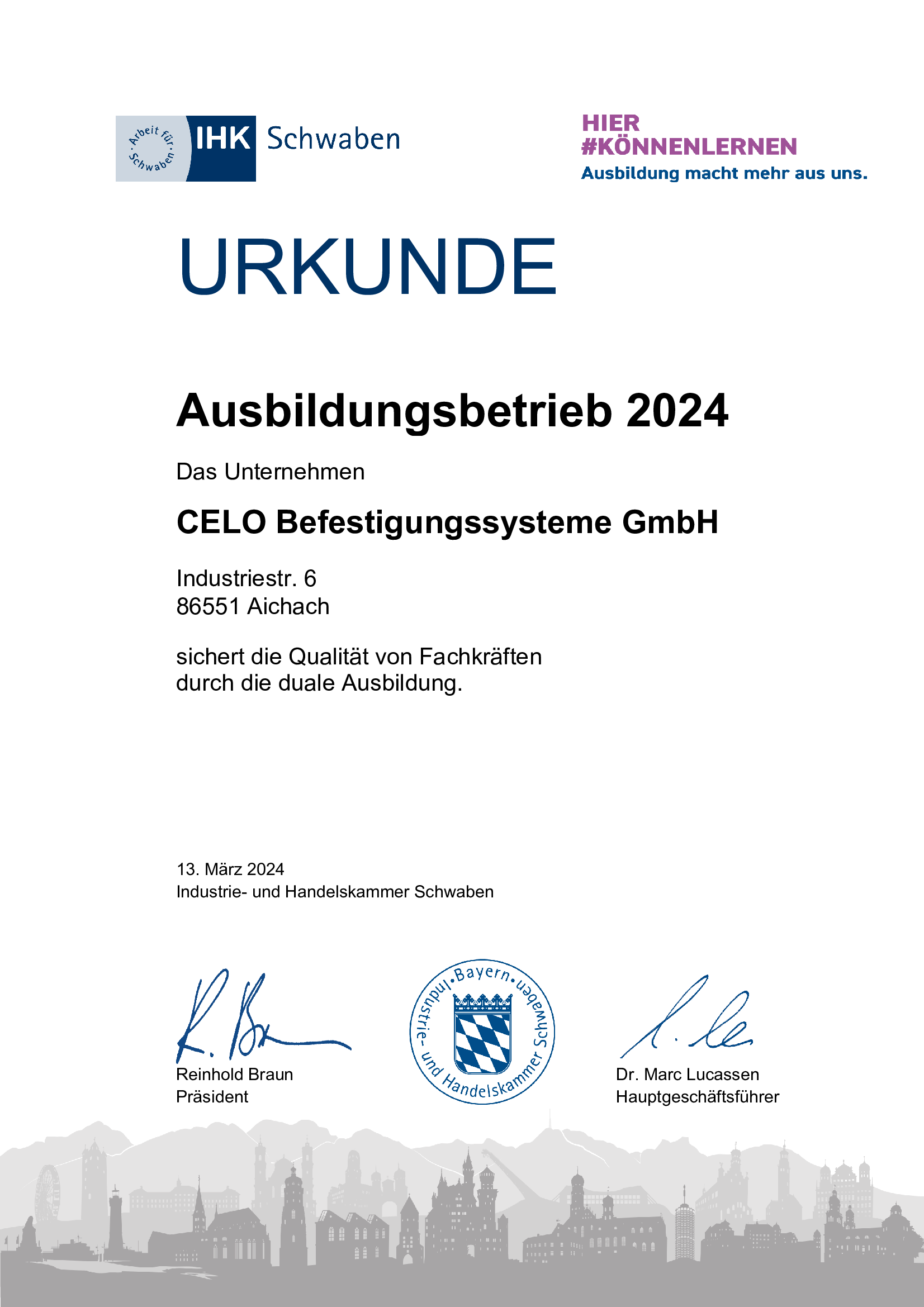 Urkunde Ausbildungsbetrieb 2024 für CELO Befestigungssysteme GmbH Urkunde Ausbildungsbetrieb 2024 für CELO Befestigungssysteme GmbH