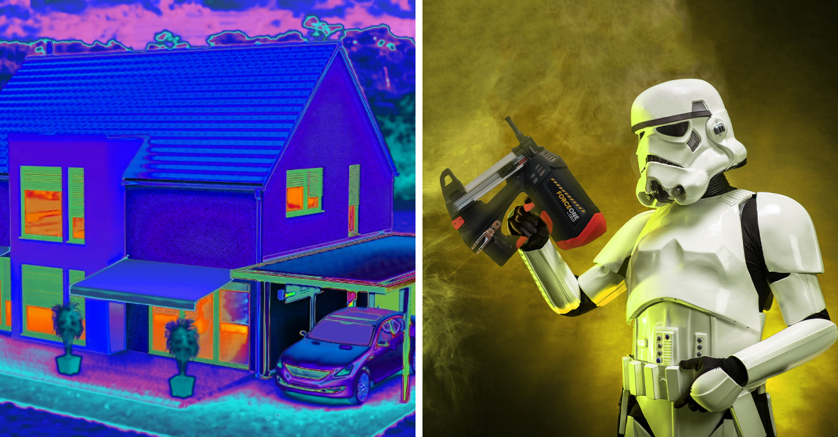 Wärmebild eines Hauses und ein Stormtrooper mit dem Gasnagler FORCE ONE in der Hand