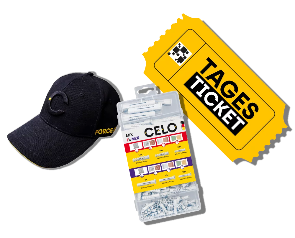 Tagesticket und CELO-Werbeartikel für die BAU Messe 2025
